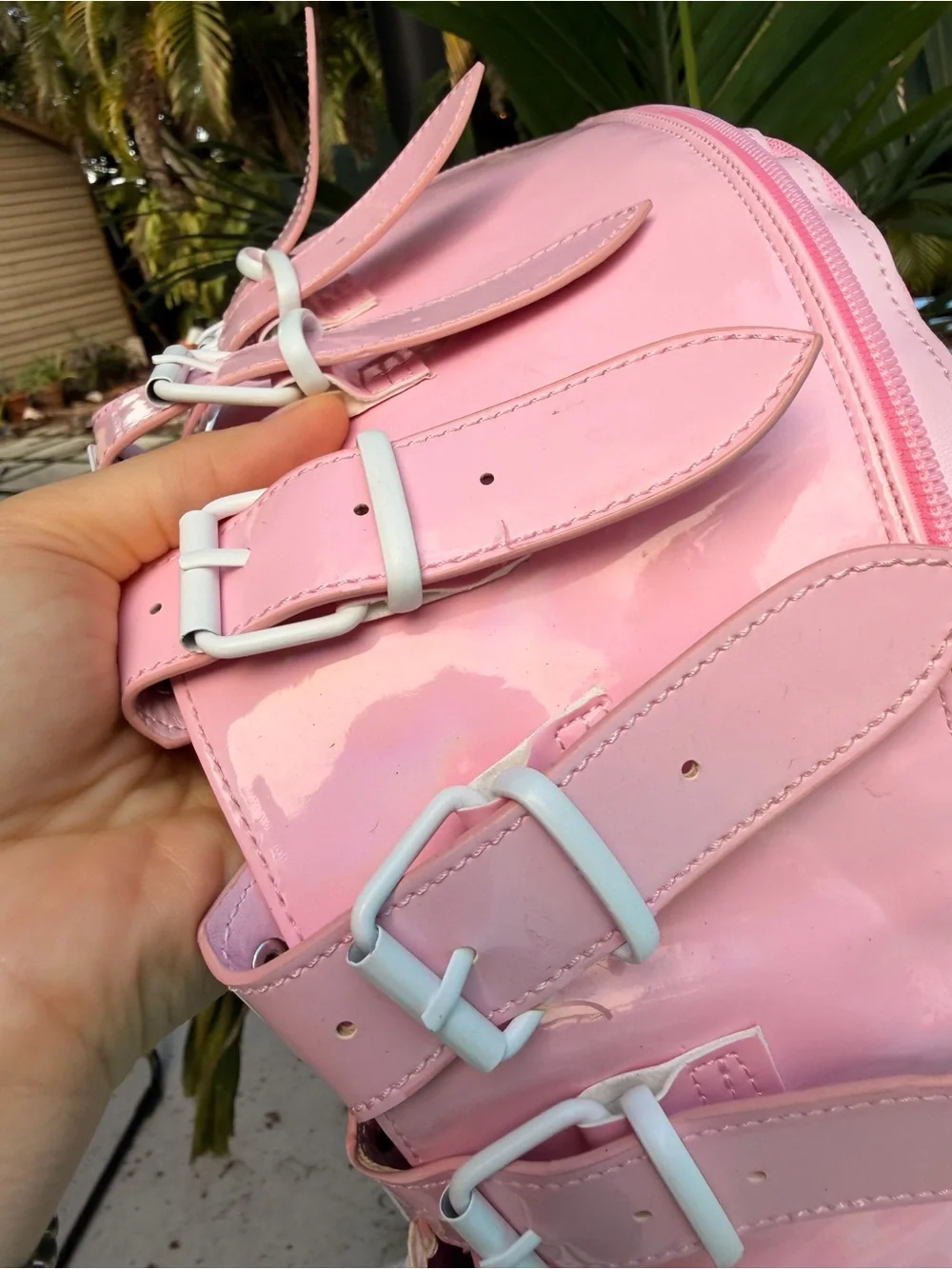Dolls Kill holographic Pink Buckle Platform Rave Boots